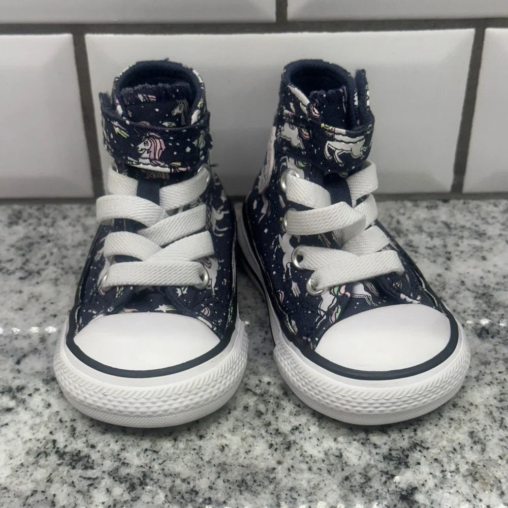 Converse Kids 2 Chuck Taylor High Top Navy Blue Unicorn Print Hook Loop Sneaker